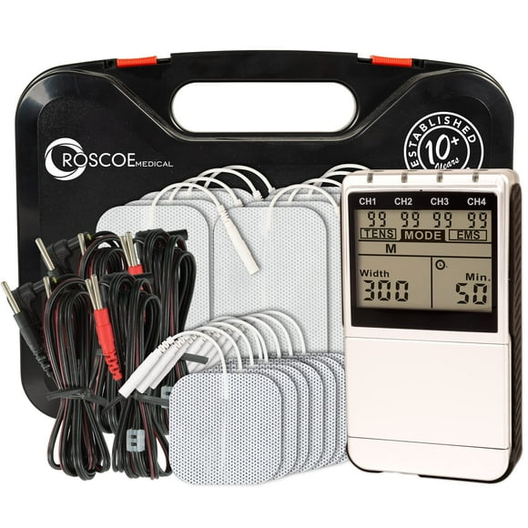 Roscoe Medical TENS Unit and EMS Muscle Stimulator - 4-Channel OTC TENS Machine for Back Pain Relief, Lower Back Pain Relief, Neck Pain, Includes Case, Pain Relief, Muscle Rec