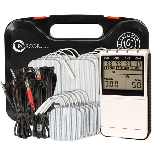 Roscoe Medical TENS Unit and EMS Muscle Stimulator - 4-Channel OTC TENS Machine for Back Pain Relief, Lower Back Pain Relief, Neck Pain, Includes Case, Pain Relief, Muscle Rec