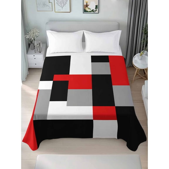 Red Black Grey Geometric California King Size Flat Sheet, Wrinkleproof & Fadeproof Cooling Flat Bed Sheet Only, Modern Abstract Art Luxury Breathable Soft Bedding Top Sheets 108 x 98 Inches