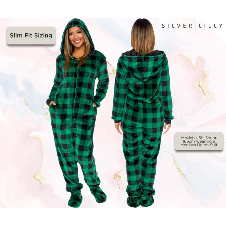 Womens Buffalo Plaid Footed One Piece Pajamas with Hood Green and Black Warm Plush Comfortable Jumpsuit by Silver Lilly Large Walmart