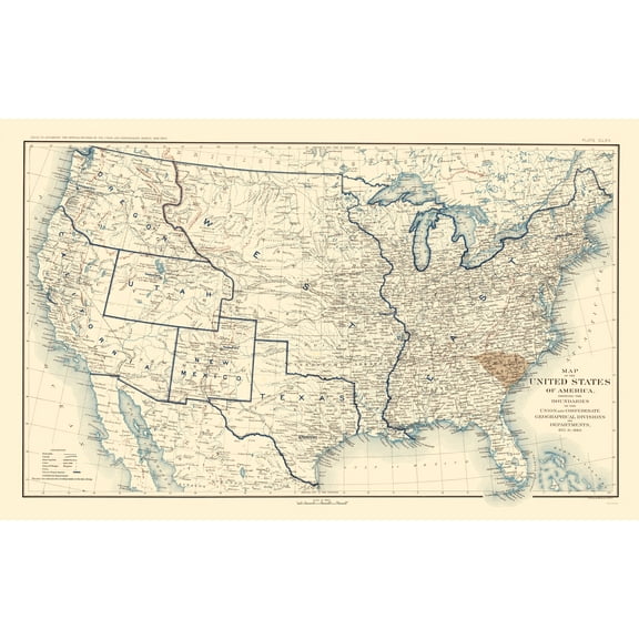 Historical Civil War Map - Geographical Divisions Departments December 1860 - Bien 1895