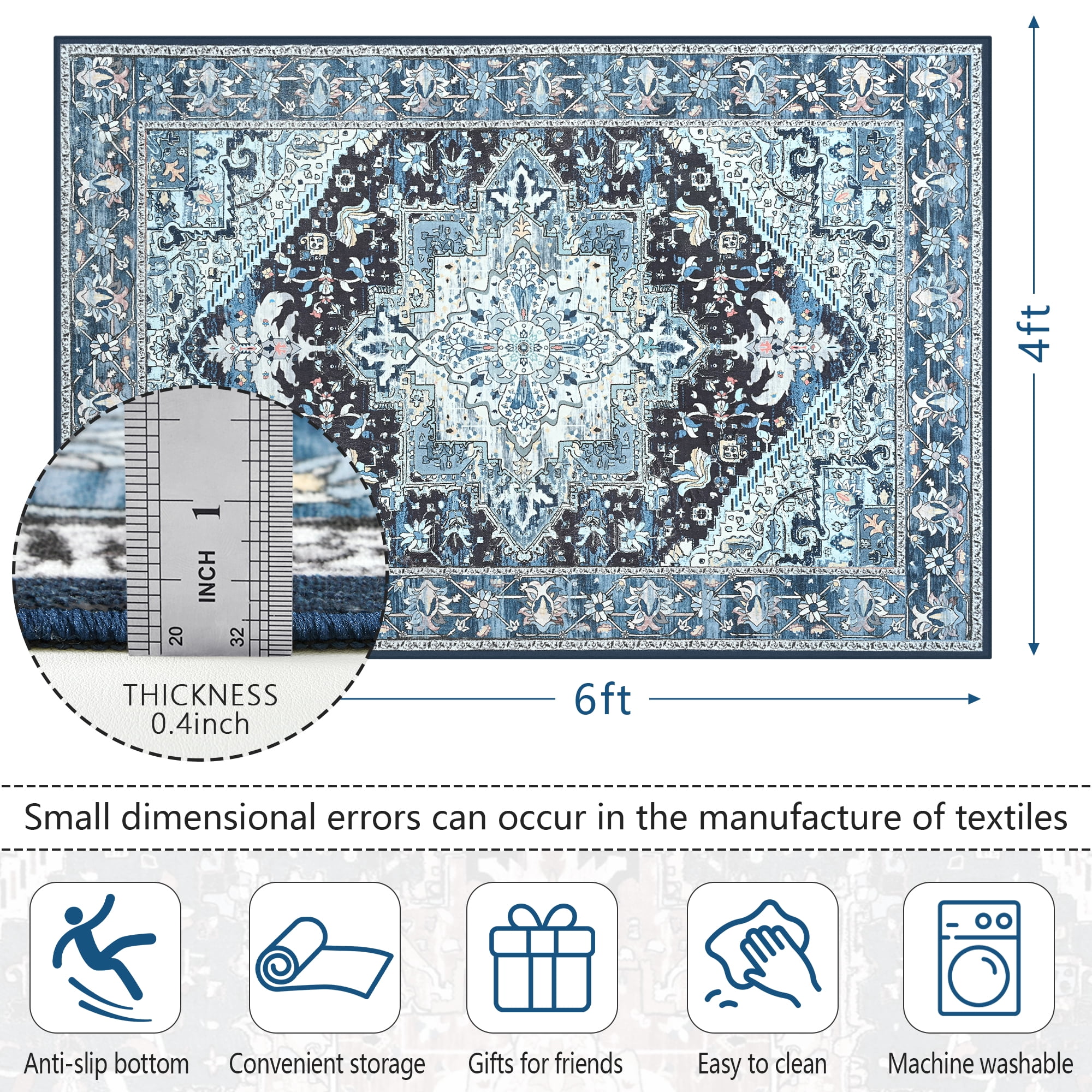 Homore Vintage Boho Oriental Medallion Area Rug, 4' x 6', Blue
