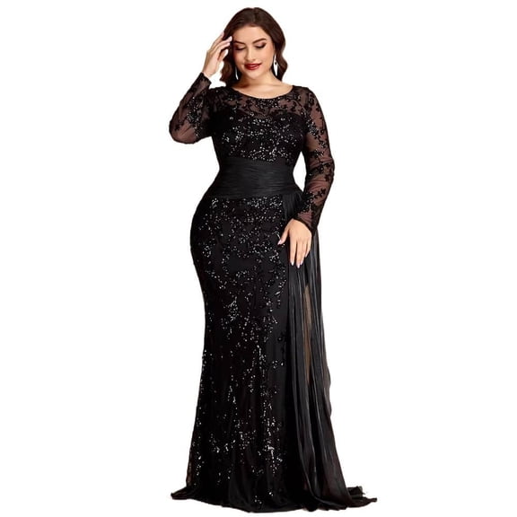 AURA Plus Size Evening Dress Sequin Beaded Long Sleeve Party Long Length Black 0XL-4XL