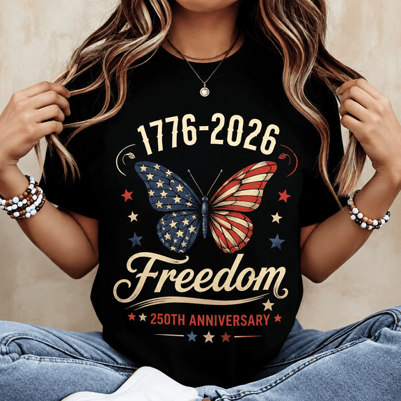 Women's 1776-2026 Freedom Graphic T-Shirt, America 250th Anniversary Patriotic Butterfly Short Sleeve Tee