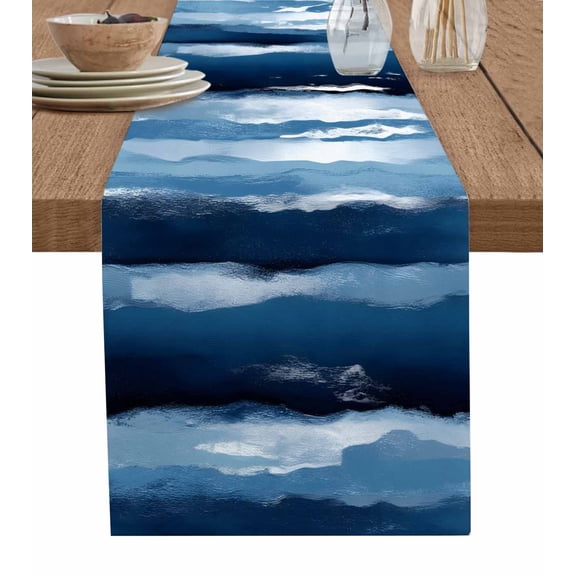 Hokiten Table Runners 36 Inches Long Dress Scarves, Navy Blue Ombre Farmhouse Kitchen/Dining Table Runner, Short Coffee Tablerunners, Modern Oil Painting Waves Abstract 13x36 Inch