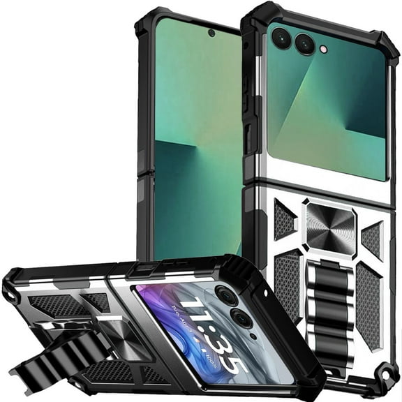 For Samsung Galaxy Z Flip 7 Machine Design Hybrid with Kickstand - Silver