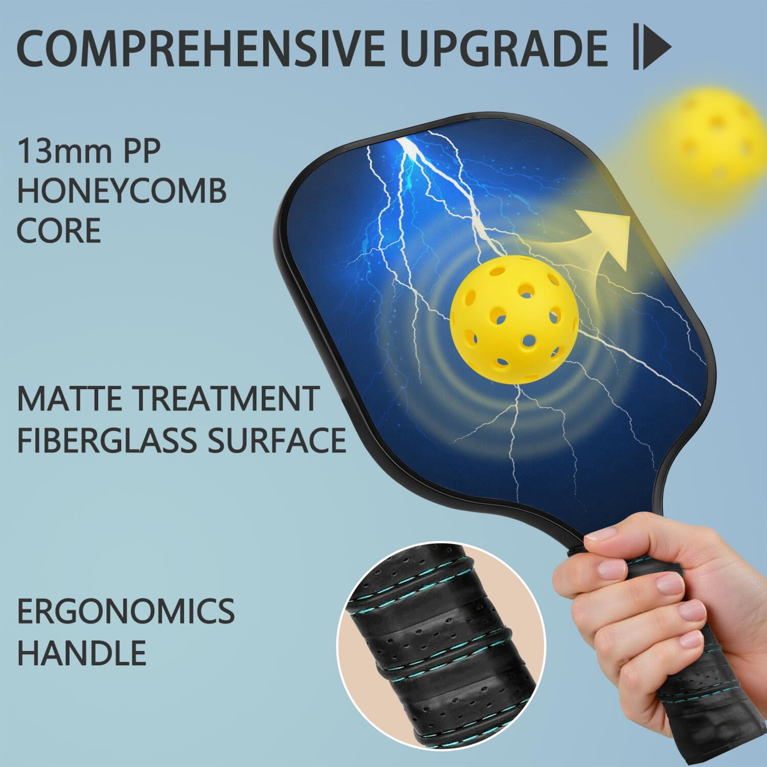 Pickleball Paddles Set Of 2, Fiberglass Surface, Thunder, Speed Print, 4 Balls & Bag