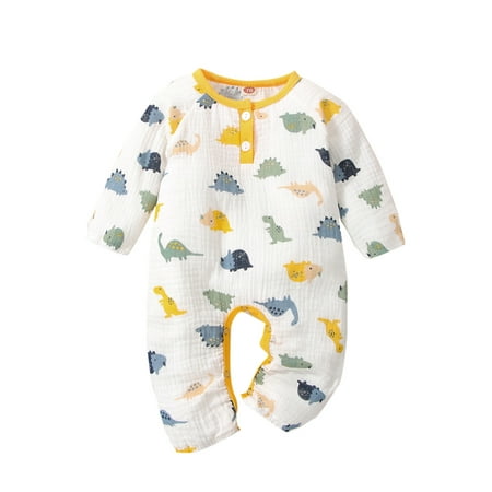 

Calsunbaby Baby Boys Casual Romper Dinosaur Print Pattern Round Neck Long Sleeve Crotch Snap Button Jumpsuit Kids Clothing