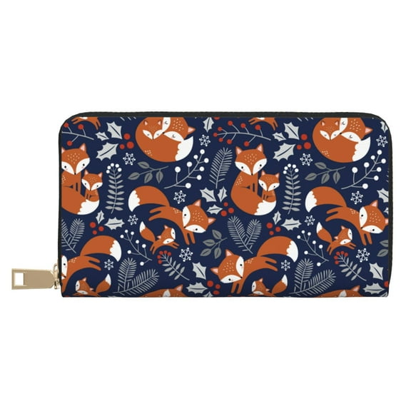 Leather Thin Slim Wallets for Women Men - Vintage Blue Fox Family Clutch Card Wallet for Women Men with Zipper