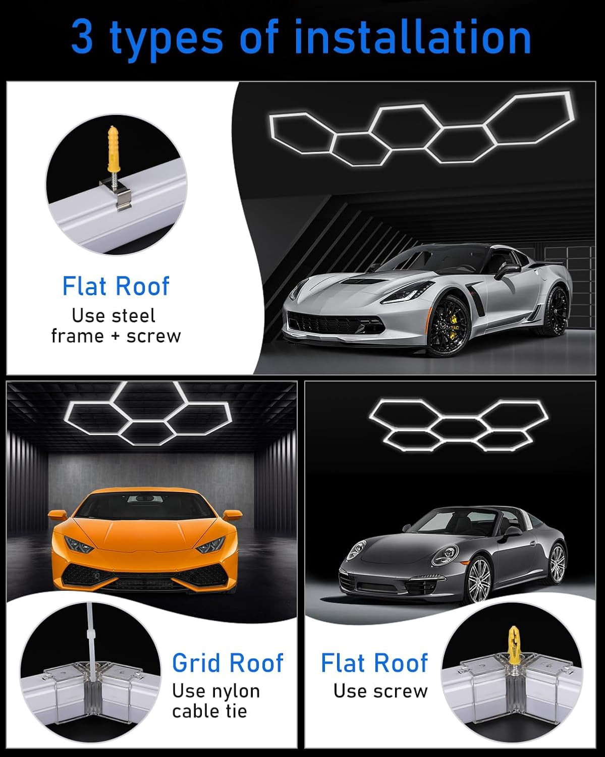 Hexagon LED Garage Lights, 6500K High Brightness 144W 17280LM, Ceiling LED Shop Lights for Garage, Workshop, Basement, Warehouse, Auto Beauty Shop, Gym - 5 Grids, 24 Packs, White