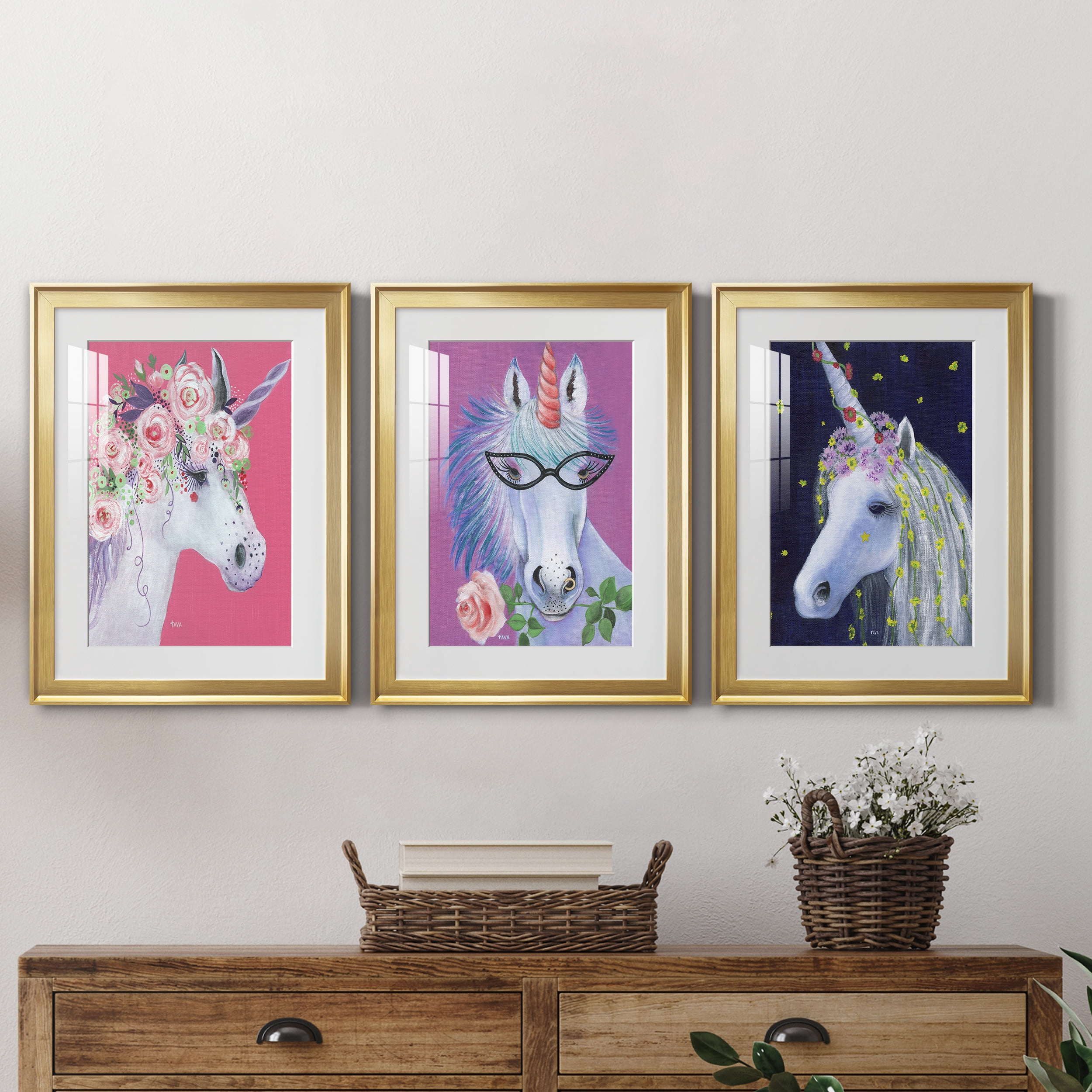 Unicorn II Premium Framed Prints Set of 3 - Ready to Hang - 18 x 24 Each - Gold Frame