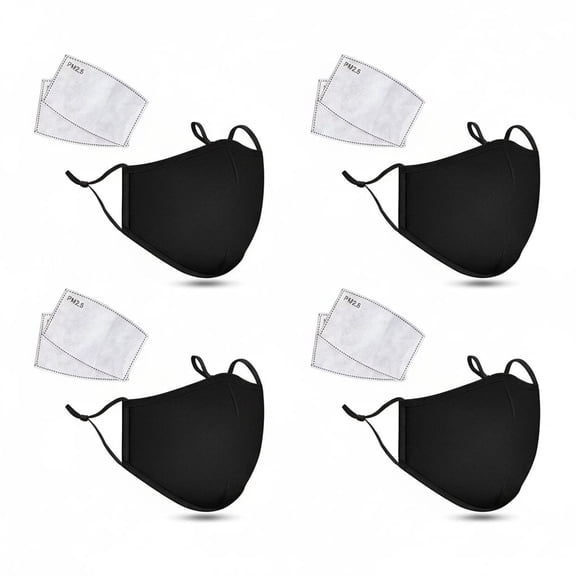 4 Pcs Adult Adjustable Face Protection with Filter Pocket and Nose Wire Black Breathable Cloth Mask with 8 Pcs Filters