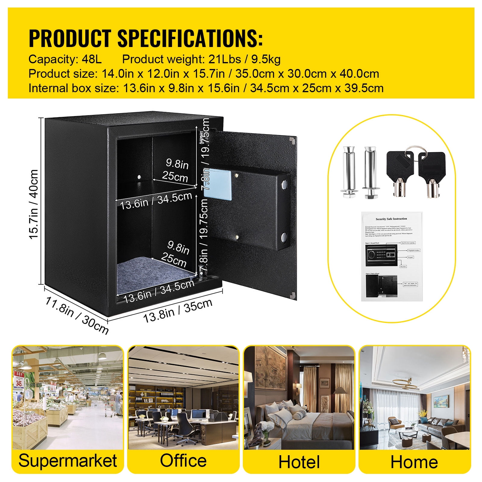 SKYSHALO 48 L Security Safe with Keys & Fingerprint & Password Lock, 15.36" x 13.78" x 18.31", Black