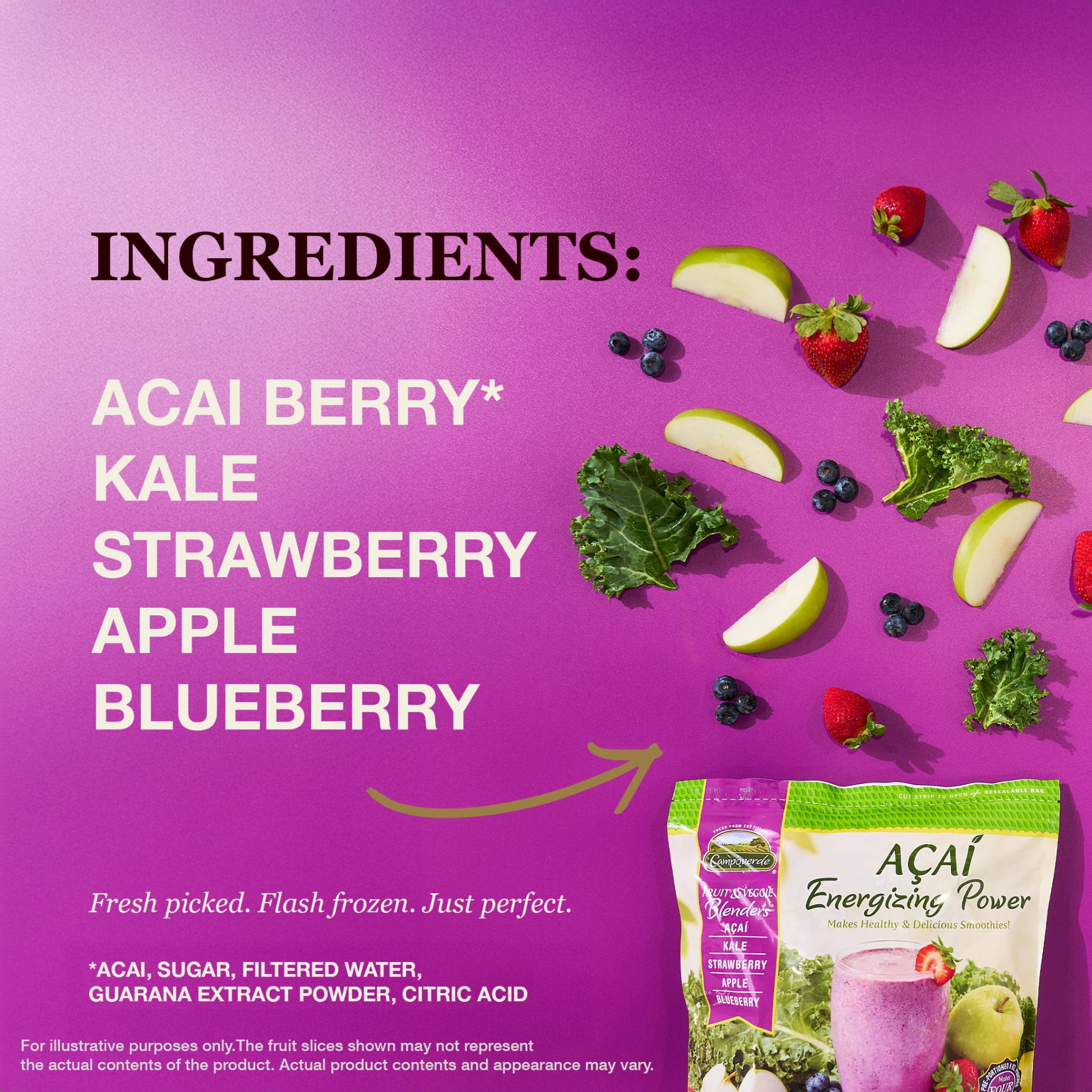 Campoverde Frozen Fruit & Veggie Smoothie Mix, Acai Energizing Power, 4 Pre-Portioned Packs, No Added Sugar, 32 oz