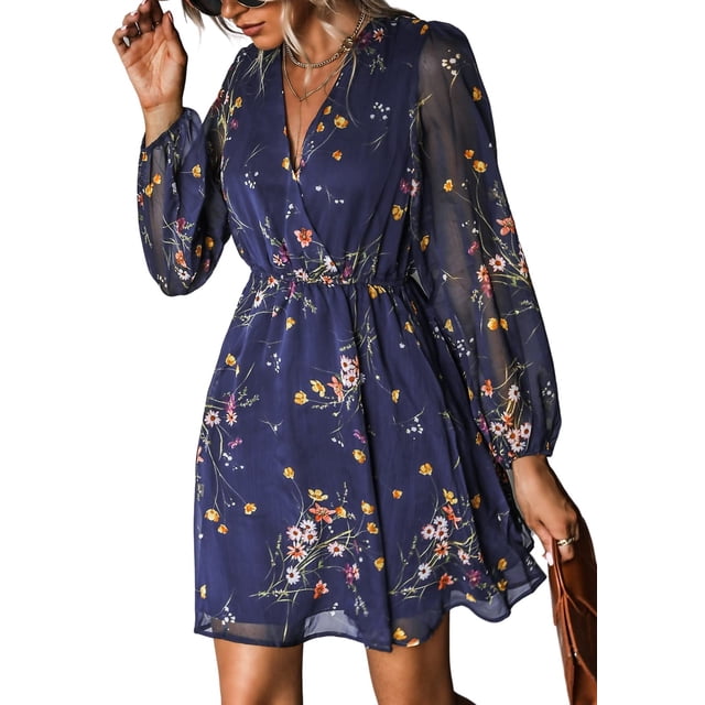 Vestido de mujer con escote en V, aspecto cruzado, estampado floral transparente