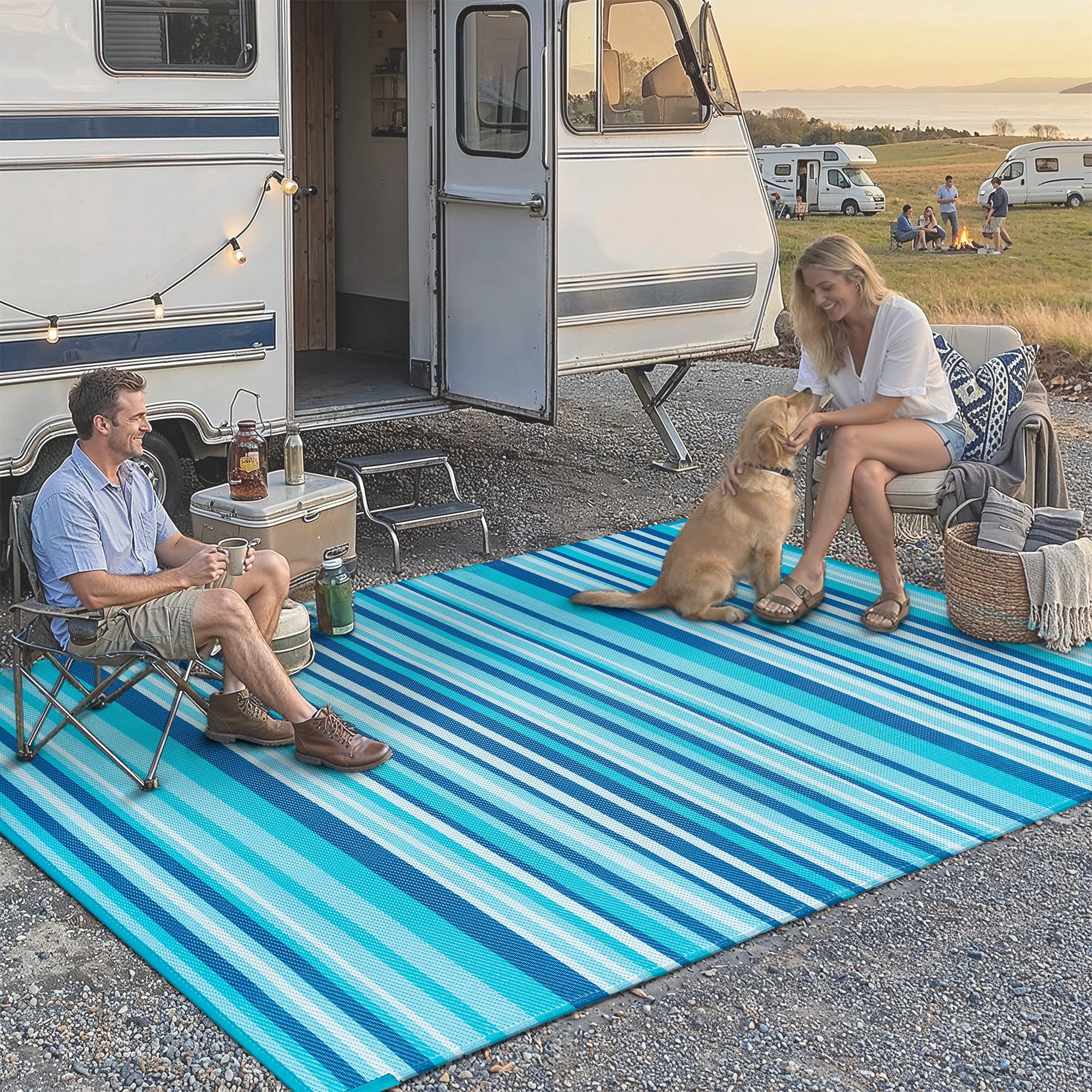 BERTHMEER 5'x8' Striped Outdoor Plastic Straw Rugs on Clearance Waterproof Patio Camping Porch RV Deck Pool Rugs, Blue