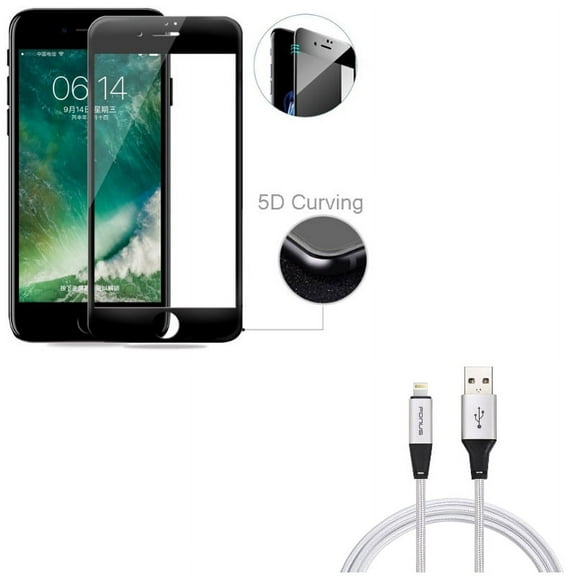 iPhone 8/7/6S/6 - Charger Cord 6ft USB Cable w Tempered Glass Screen Protector - Power Wire Braided Long Sync, 5D Touch Curved Edge Full Cover Bubble Free Case Friendly for iPhone 8/7/6S/6