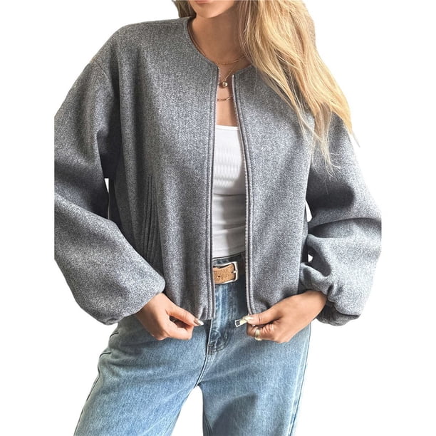 Chaquetas Abrigadas con Cremallera para Mujer, de Otoño e Invierno, de Larga, Informales, Holgadas y con Bolsillos. Gris Oscuro XL
