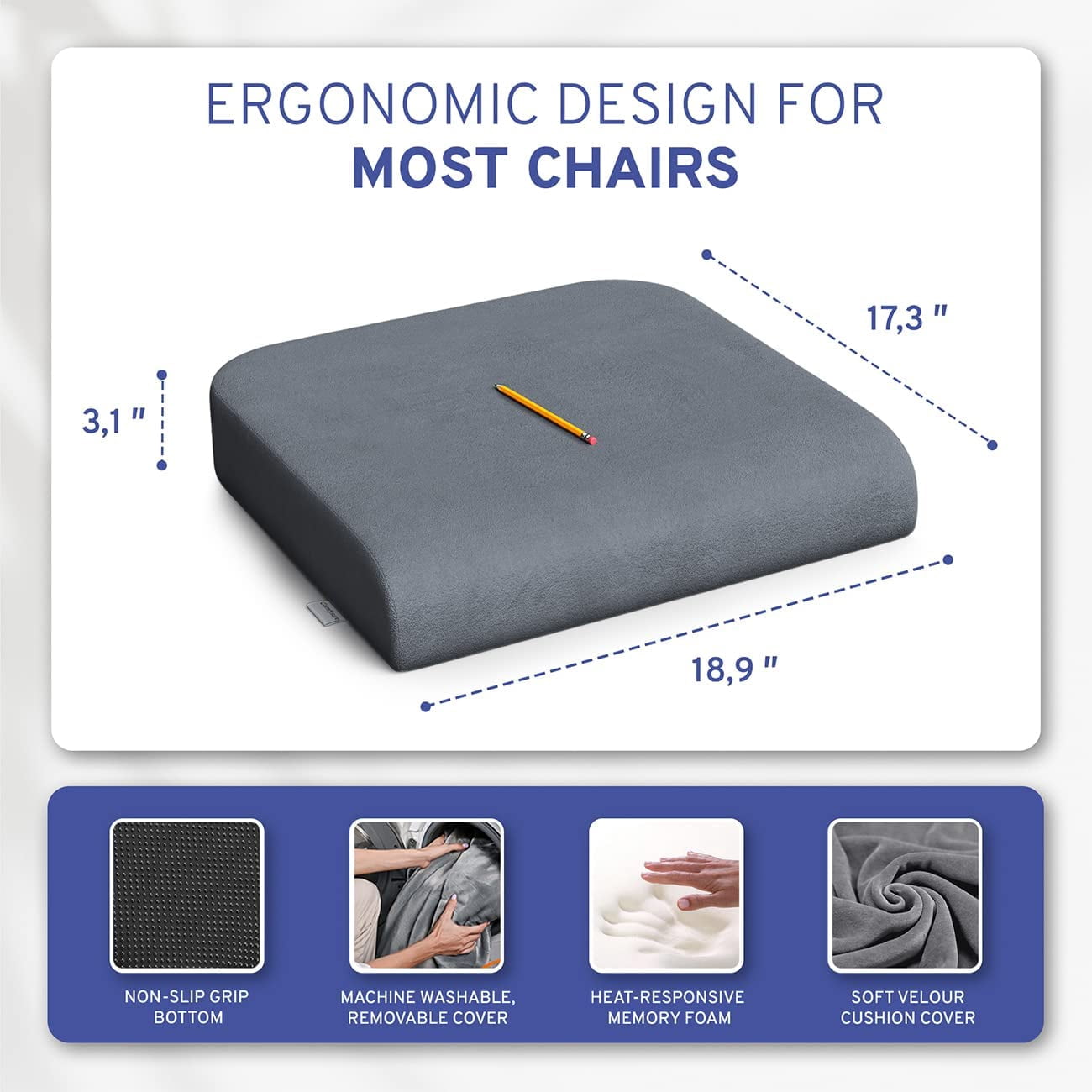 Extra Large Firm Seat Cushion Pad for Bariatric Overweight Users - Firm Memory Foam Chair Support Pillow for Wheelchair, Office & Car 19"x18"x3" (Grey) - COMFYSURE