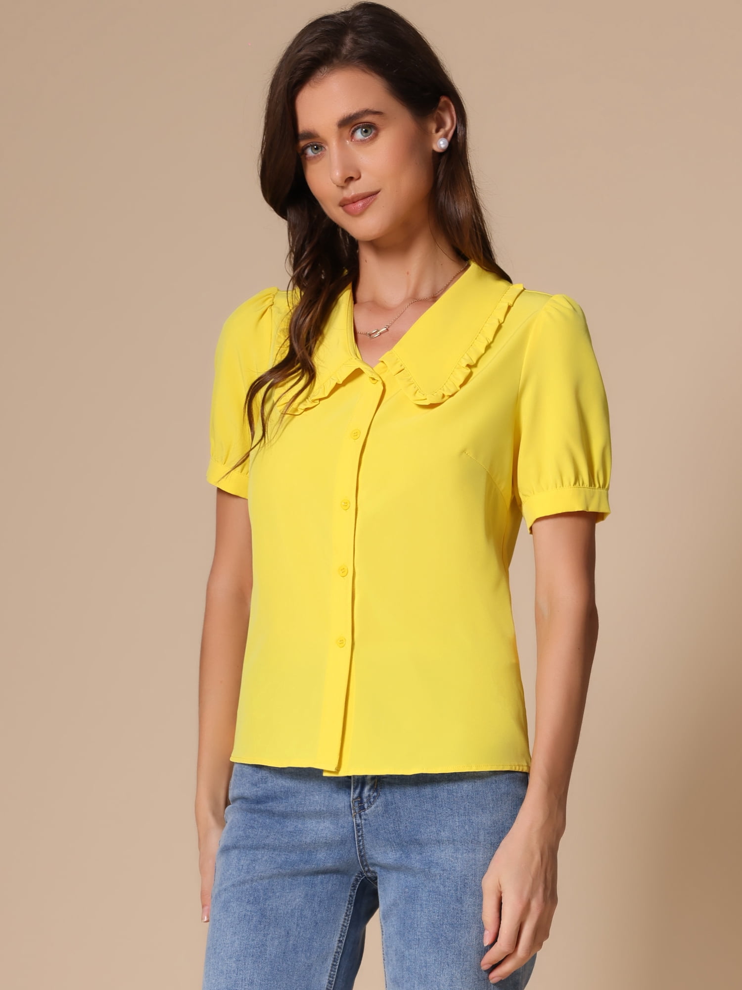 DARING DIVA Women's Peter Pan Collared Puff Short Sleeve Retro Blouse XL Yellow