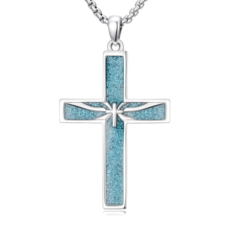 925 Sterling Silver Mens Crushed Turquoise Cross Necklace, Western Religious Cross Pendant Vintage Jewelry for Him