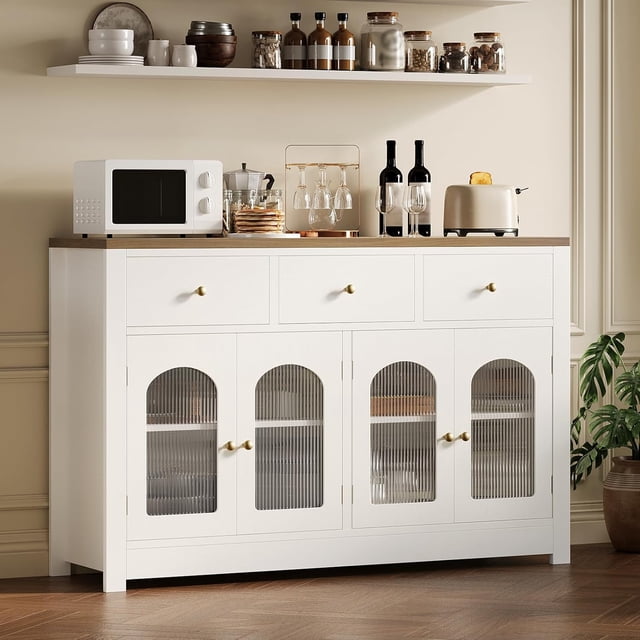 Farmhouse Large Buffet Sideboard Cabinet with 4 Doors & 3 Drawers, Kitchen Cabinet Display Cabinet with Adjustable Shelf, Wine Buffet Cabinet with Storage for Dining Room, Living Room