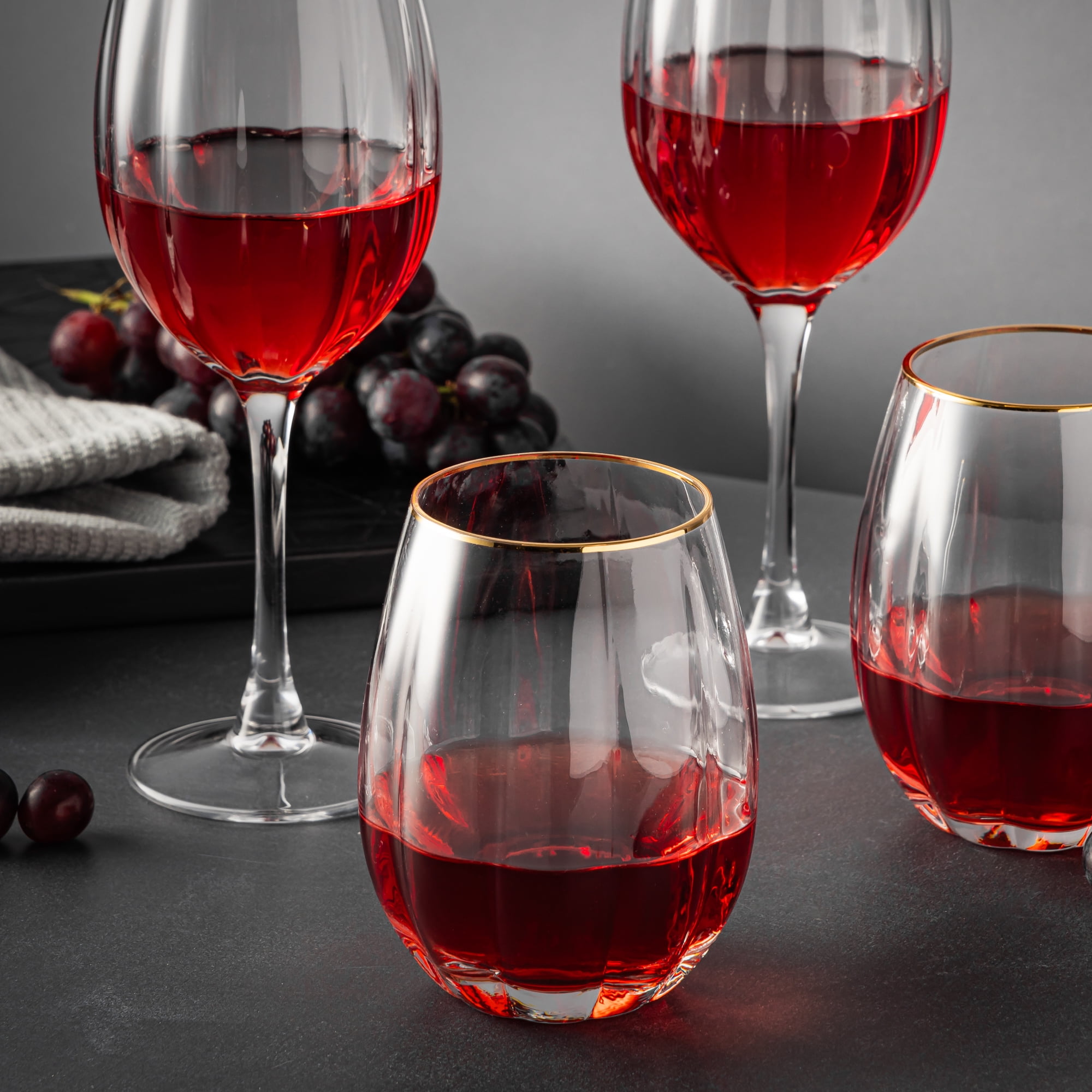 Thyme & Table 16 fl oz & 18 fl oz Scalloped Wine Glasses with Gold Rim, Set of 4