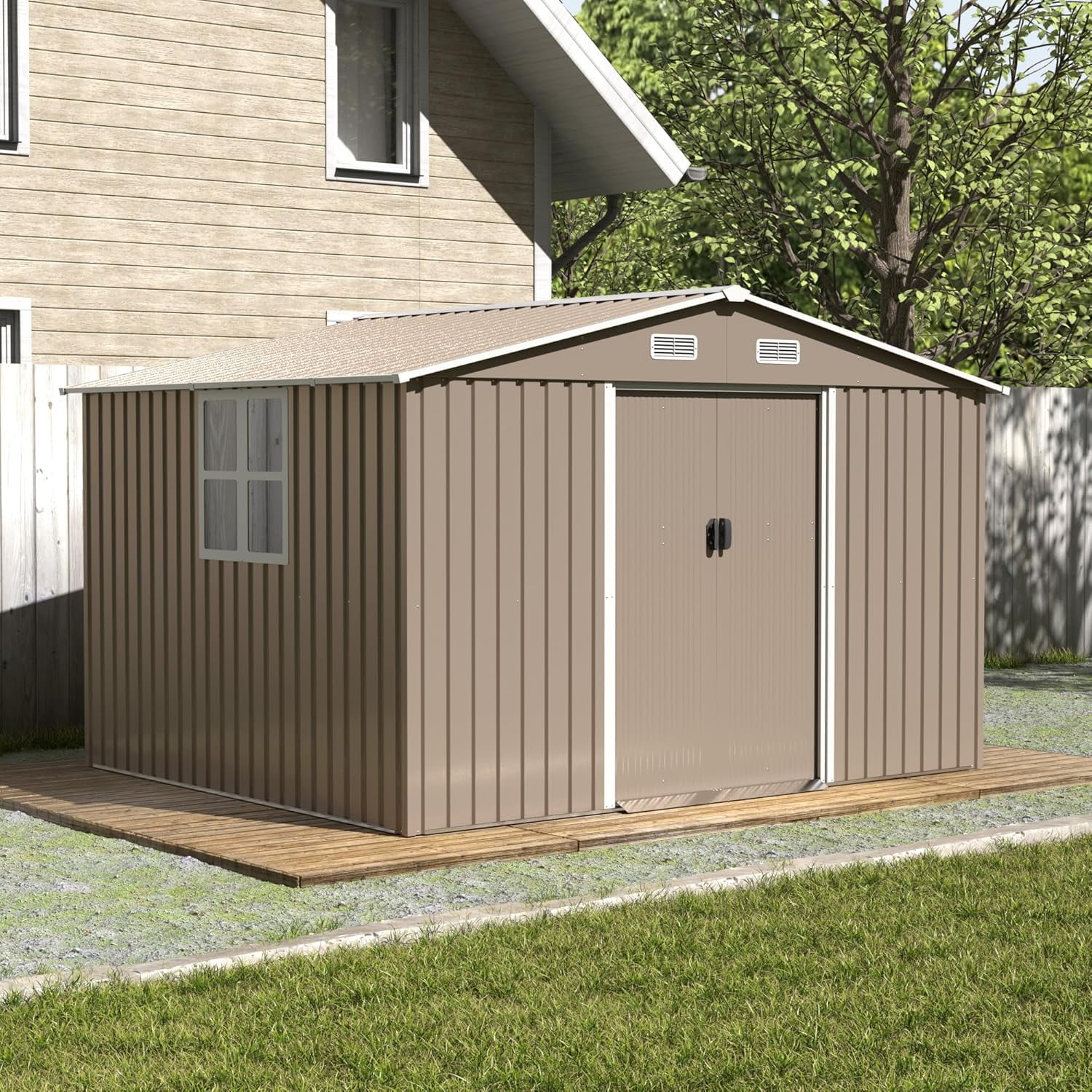 Kullavik 10' x 8' Metal Storage Shed with Lockable Sliding Doors, Air Ventilation Design - Outdoor Utility Shed for Garden, Backyard, Patio, and Lawn Tools