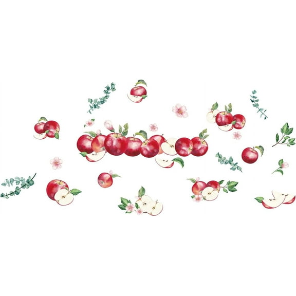 Apples Wall Decals Fruit Vinyl Wall Stickers Watercolor Wall Art Sticker Flower Decals Green Branch DIY Decor for Kitchen Cabinet Decals Country Fruit Restaurant Dining Wall Decoration Mixed Color