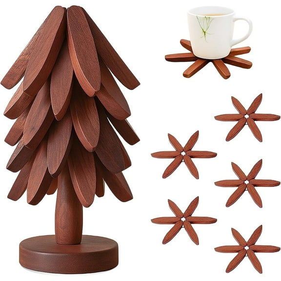 Wooden Trivets for Hot Dishes-Tree Shape Trivet Set, 4 Walnut Wood   1 Stand stored Like a Christmas Tree,Foldable Kitchen Wooden Trivet,for Hot Dishes Pot Bowl Teapot Hot Pot Holder