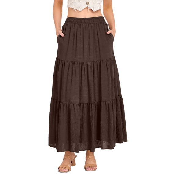 Ediodpoh Womens Skirts Summer Casual Smock Layered Tiered High Waisted A Line Flowy Long Skirt with Pockets and Maxi Skirts for Women Brown S