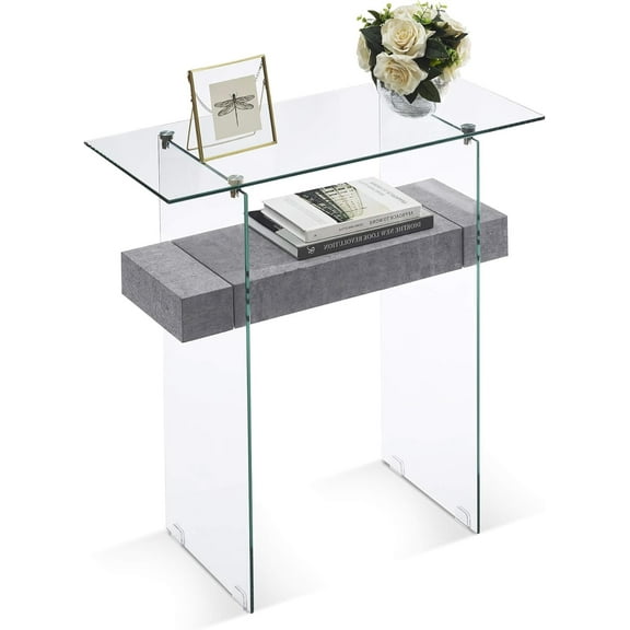 ivinta Narrow Glass Console Table 31.5'' with Natural Wood Shelves Gray 5103