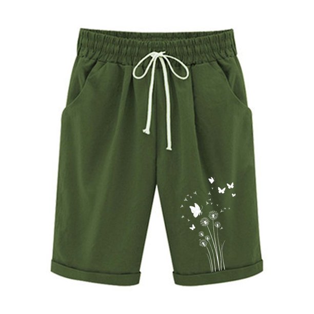 Pantalones Elásticos de la Cintura para las Mujeres Impresos Medias Pantalones Cortos, Bolsillos Casuales Poliéster para Toda la Temporada