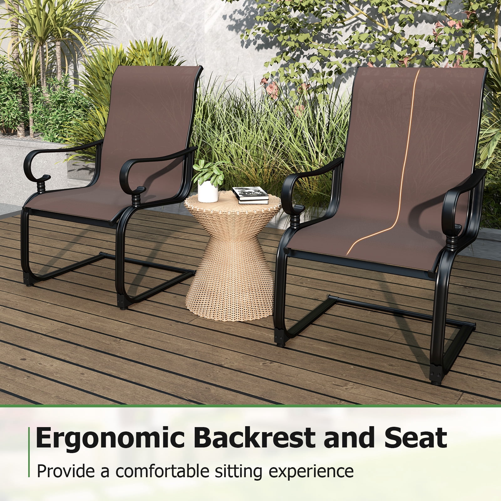 Gymax Patio Dining Chairs Set of 4 C-Spring Motion Patio Chairs w/ Metal Frame Brown & Black