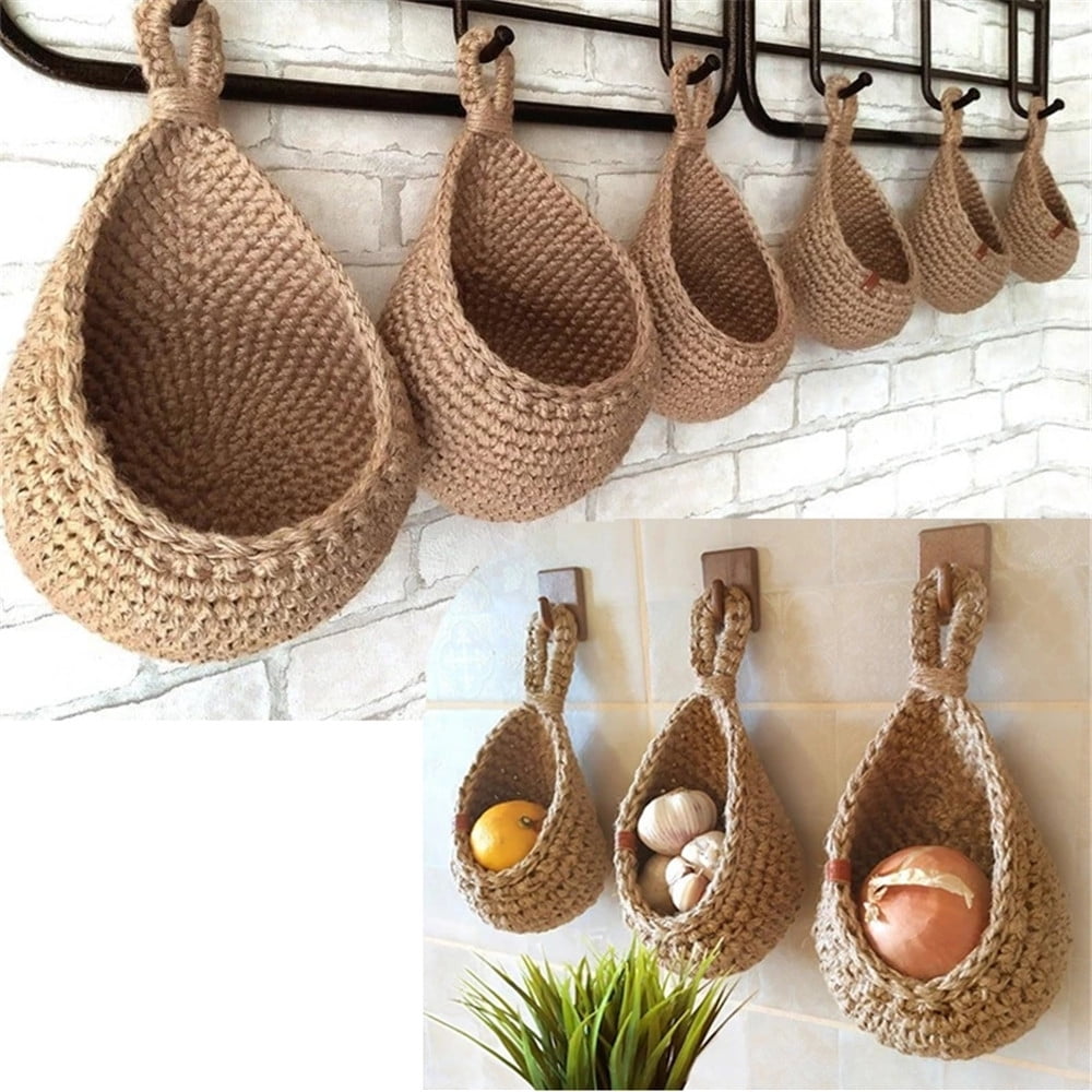 Set of 2 Jute Teardrop hanging basket 100% Handmade in US Wall Organizer Decorative Indoor Outdoor Storage Kitchen Garden Vegetables Fruits Plants 