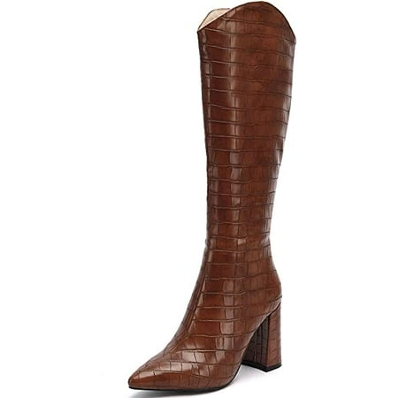 

The shy Womens Knee High Boots Chunky Heel Pointed Toe Snakeskin Cowgirl Cowboy Western Bootie