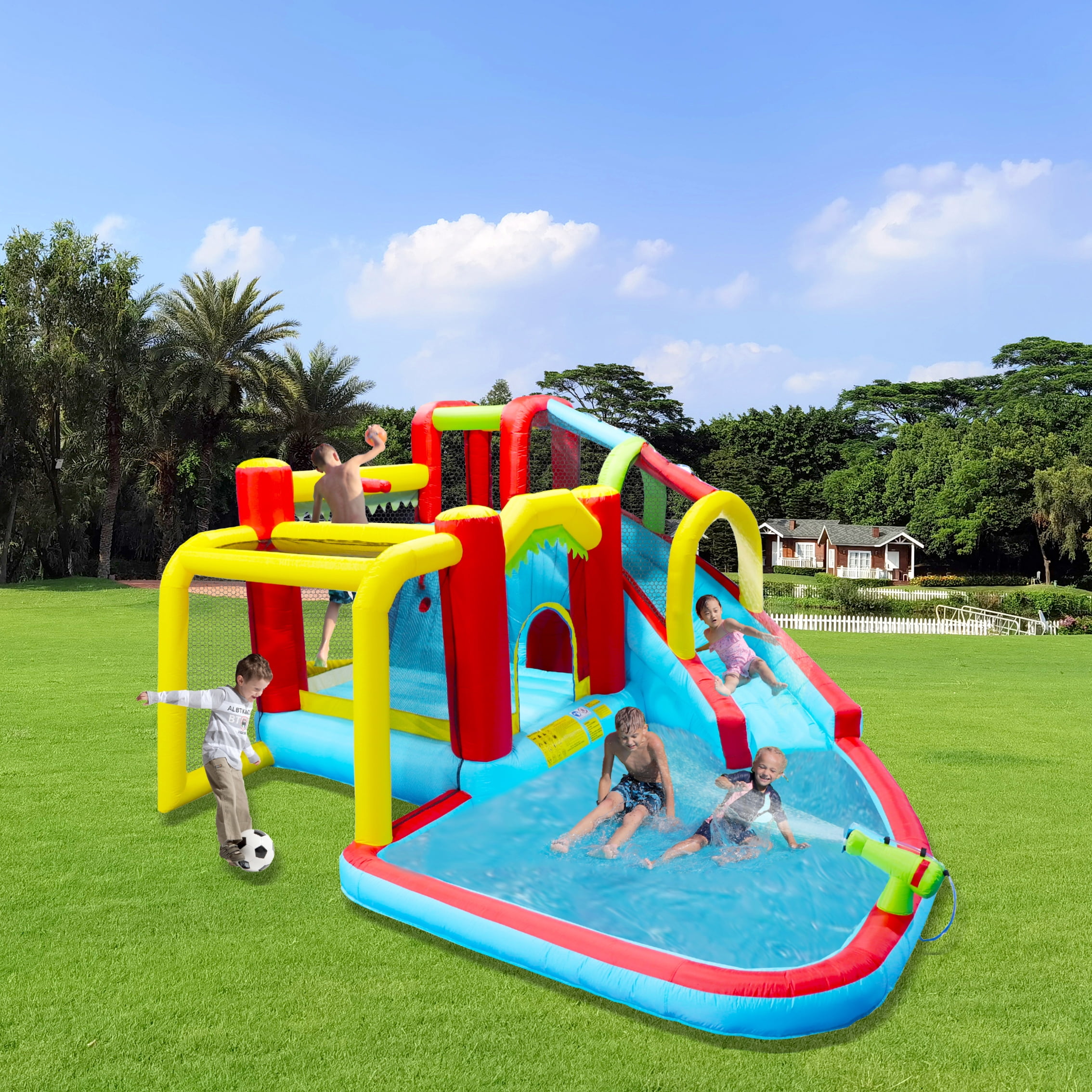 YIYADO Inflatable Bounce House Water Slide, Children's Outdoor Bounce House, Football Garden Bouncer with Paddling Pool, Water Gun, Climbing Wall, Basketball and Football, Blue