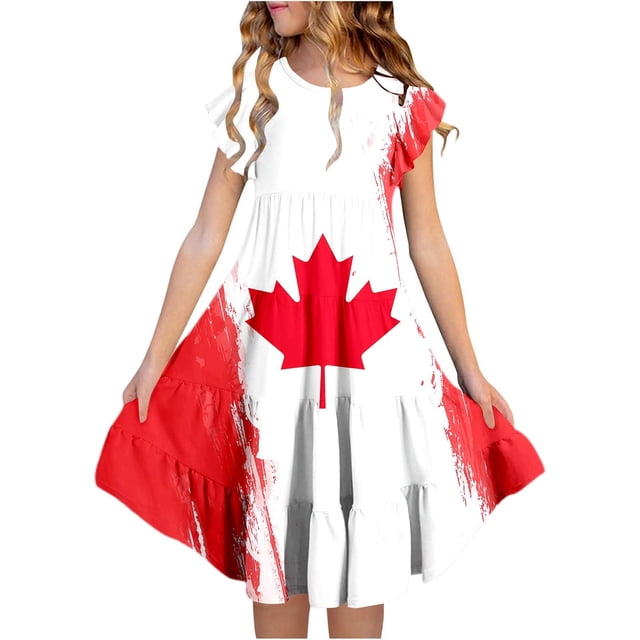 PMVFHDE Robe d'Été pour Filles Canada Day Robe Florale Mignonne Imprimé de Feuilles d'Érable Rouges et Blanches à Étages Coupe Trapèze avec Manches Volantées et Poches Robe de Fête Confortable pour les Fêtes Canadiennes Cele
