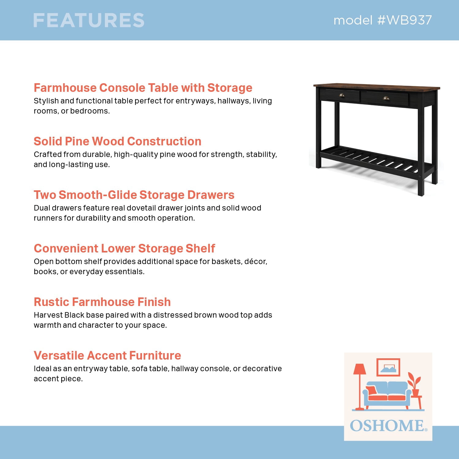 OSHOME Solid Pine Farmhouse Console Table with 2 Drawers and Shelf – Entryway Hall Table, Harvest Black & Distressed Brown Top