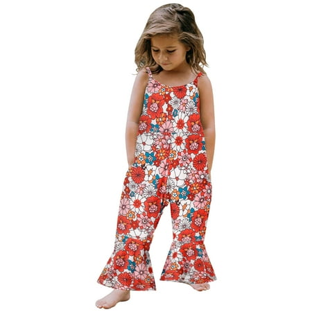 

Baby Girls Bodysuits Toddler Girls Summer Sleeveless Jumpsuit Floral Rainbow Print Fashion Outwear Suspenders For Girls Clothes For 3-4 Years