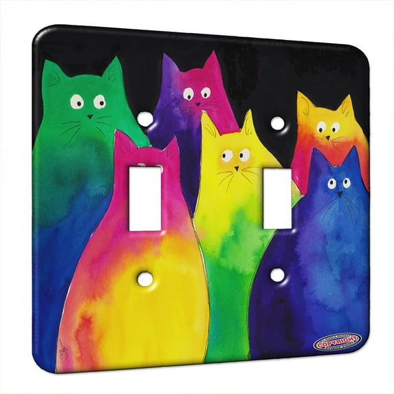 KuzmarK™ Double Gang Switch Wall Plate - Very Colorful Two Toned Chunky Kitties Art by Denise Every