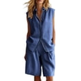 thumbnail image 2 of HongQid 2 Piece Linen Short Set Ladies Sleeveless Striped Trim Shirt and Pleated Shorts Casual Outfit for Women, 2 of 6