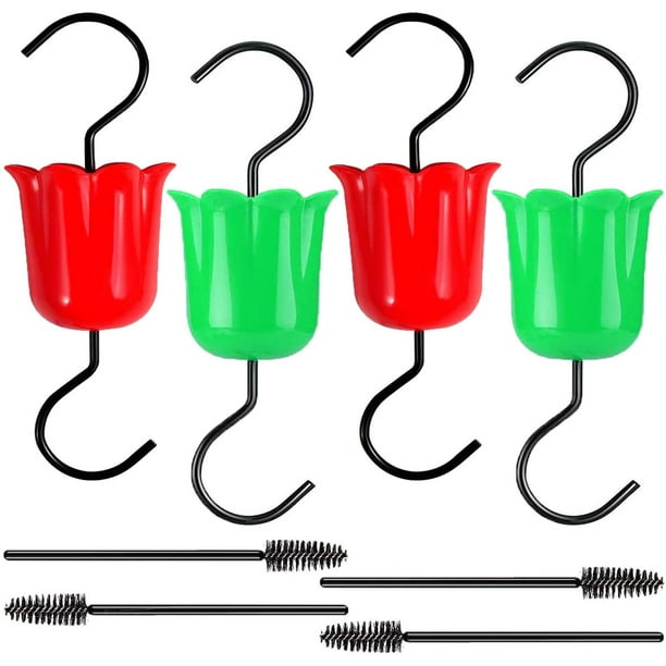 Protector de foso grande para hormigas para comederos de colibríes, ganchos accesorios, paquete de 8 piezas de comederos de néctar de Oriole y colibríes de flores para exteriores, 4 ganchos para