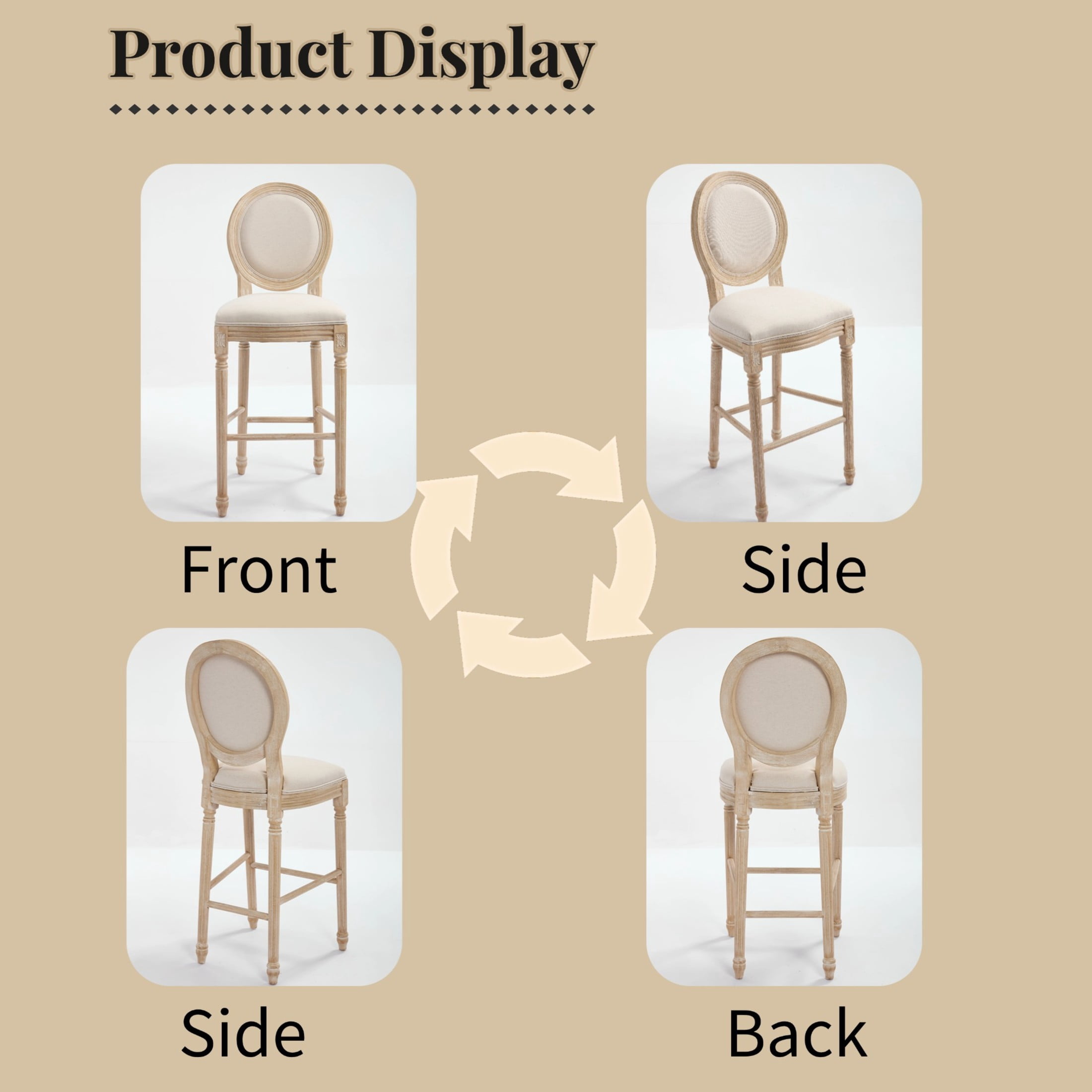 Noble House French Country 30" Height Bar Stools with Cushion Back and Carved Solid Wood Legs, Beige, Set of 2