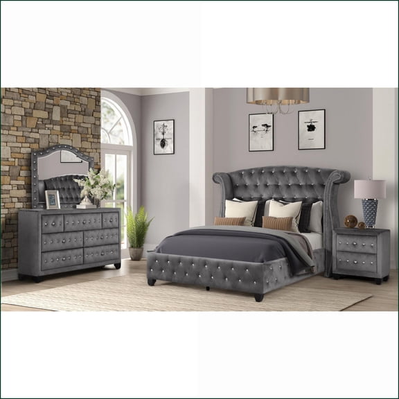 Bedroom Set, Modern Glam 4-Piece King Slate Gray Wood with Crystal Tufted Velvet | Standard Beds | Gray