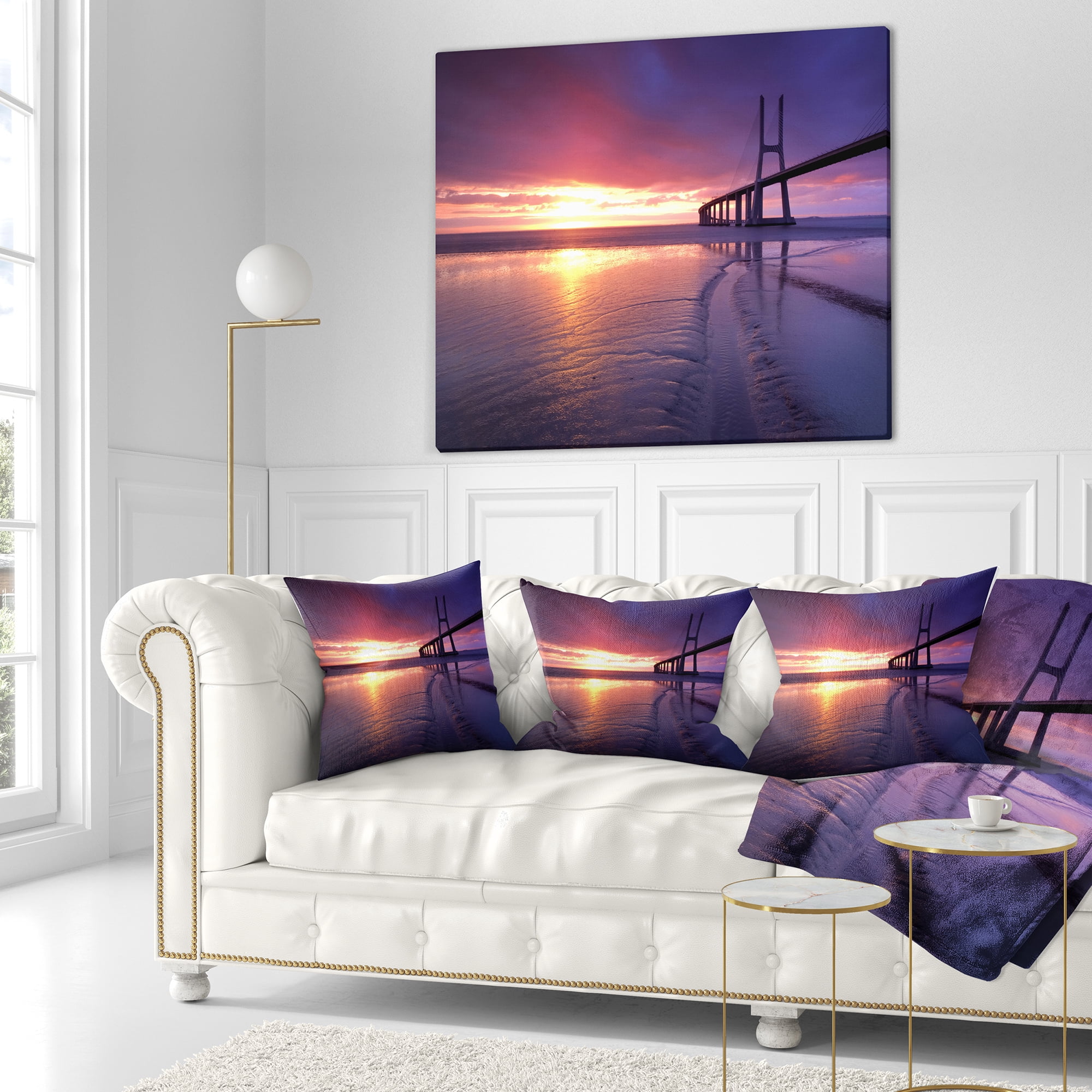 Designart Colorful Vasco Da Gama Bridge - Pier Seascape Throw Pillow - 16x16