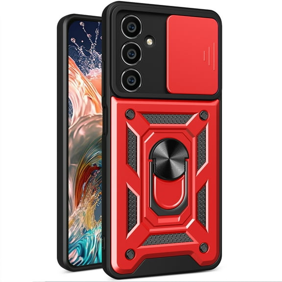 CCSmaller for Samsung Galaxy S23 FE Case with Slide Camera Cover for Men, Military Grade Drop Phone Cover Case with Ring Kickstand for Samsung Galaxy S23 FE SJ Red