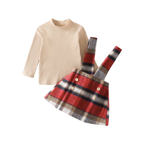 Bagilaanoe 2Pcs Toddler Baby Girls Overalls Dress Set Ribbed Long Sleeve T-shirt Tops Plaid Suspender Skirt 12M 18M 24M 3T 4T 5T Kids Casual Outfits