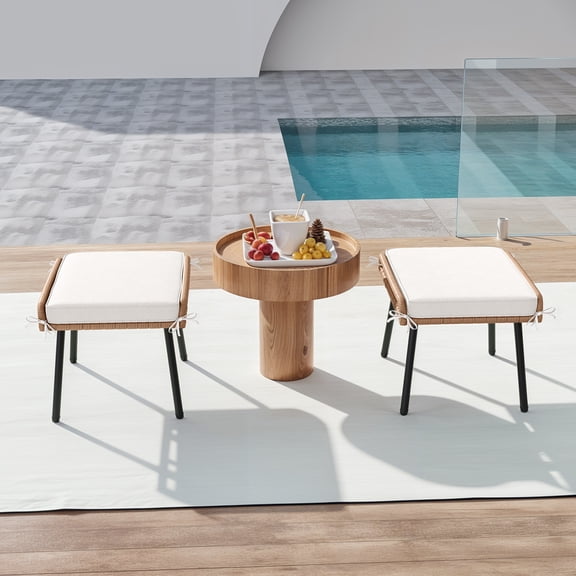 Craftian Wicker Ottoman Set of 2, Patio Rattan Ottomans with Seat Cushions, 2 Pieces Footrest Seat for Outside Garden, Balcony, Living Room, Beige