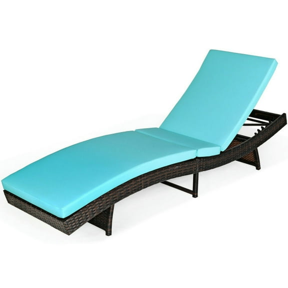 Spaco Patio Folding Adjustable Rattan Chaise Lounge Chair with Thick-Upholstered Cushion, Lounge Chair with 5-Level Adjustable Backrest, Lounge Chair for Outdoor as Backyard, Poolside, Turquoise